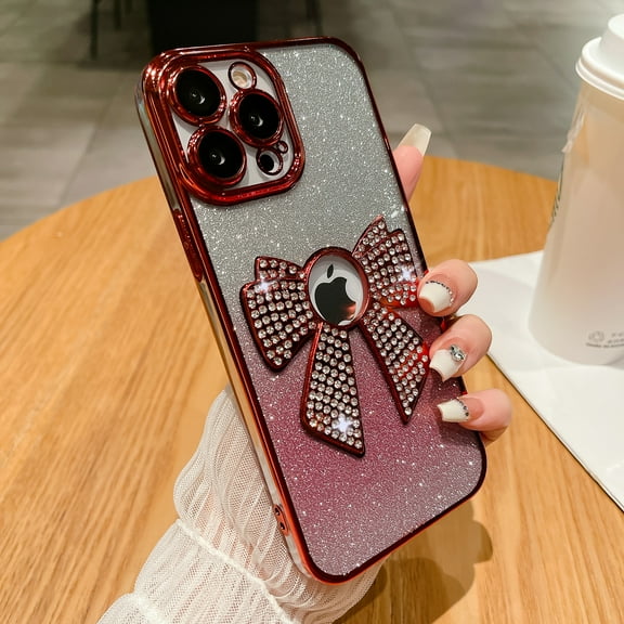 SaniMore for iPhone 15 Case Bowknot Glitter Rhinestone Bling Plating Luxury Women Girl, Shine Diamond Case for iPhone 15 6.1" 2023 Protective Cover, Clear Gradient Red