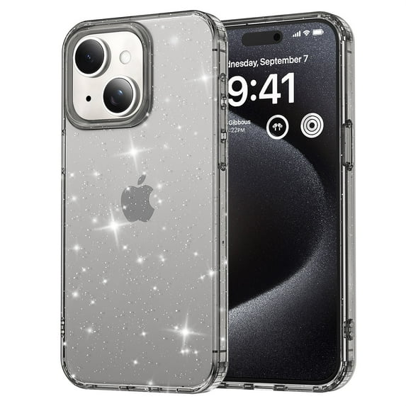 SaniMore for iPhone 15 Case, Full Camera Lens Protection Women Cute Clear Glitter Bling Sparkly Cover Anti-yellow Transparent Shockproof Bumper for for iPhone 15, Black
