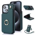 thumbnail image 1 of SaniMore for iPhone 15 Case, Luxury PU Leather Card Holders Flip Kickstand Metal Finger Ring Shockproof Drop Resistant Crossbody Lanyard for Girls Women Stylish Accordion Design, Green, 1 of 7