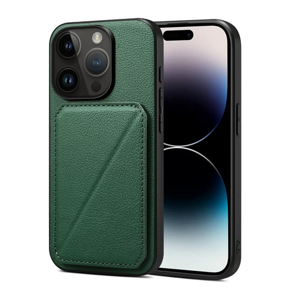 SaniMore for iPhone 15 Case, PU Leather Skin & Rugged PC Backplane Card Slots [Up to 2] Shockproof Anti-fall Flip Kickstand Slim Lightweight Business Shell for iPhone 15, Green