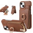 thumbnail image 1 of SaniMore for iPhone 15 Case, PU Leather Zipper Purse RFID Blocking Card Slots Flip Kickstand Metal Finger Ring Magnetic Car Mount Shockproof Anti-fall Rugged Wallet Shell for Ladies Men, Brown, 1 of 10