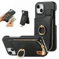 thumbnail image 1 of SaniMore for iPhone 15 Case, PU Leather Zipper Purse RFID Blocking Card Slots Flip Kickstand Metal Finger Ring Magnetic Car Mount Shockproof Anti-fall Rugged Wallet Shell for Ladies Men, Black, 1 of 10