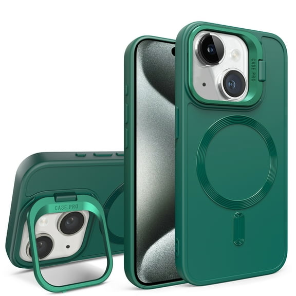 SaniMore for iPhone 15 Case, Rugged Frosted PC Magafe Shell, Camera Lens Protection with Foldable Bracket, Wireless Charging Magnetic Car Mount Shockproof Anti-fall, Green