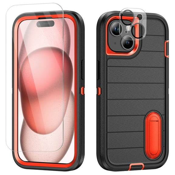 SaniMore for iPhone 15 Hybird Case, [Tempered Glass Screen Protector] Rugged PC Back Shockproof TPU Shell Hidden Kickstand Drop Resistant Anti-slip Heavy Duty Protective Cover, A-Black/Orange