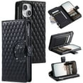 thumbnail image 1 of SaniMore for iPhone 15 PU Leather Case, 3D Lattice Pattern for Girls Card Slots Zipper Purse Glitter Magnetic Clasp Flip Kicstand [Hand Rope] Full Protection Shockproof for Apple iPhone 15, Black, 1 of 16