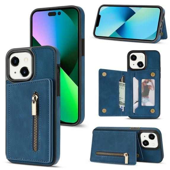 SaniMore for iPhone 15 Plus 6.7" 2023 Back Case with Zipper Card Pokcet Flip Wallet/Kickstand Shock Absorption Anti-fall Retro PU Leather Wear-resistant Shell for iPhone 15 Plus, Blue