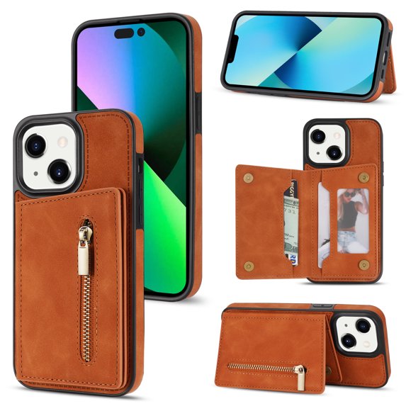 SaniMore for iPhone 15 Plus 6.7" 2023 Back Case with Zipper Card Pokcet Flip Wallet/Kickstand Shock Absorption Anti-fall Retro PU Leather Wear-resistant Shell for iPhone 15 Plus, Brown