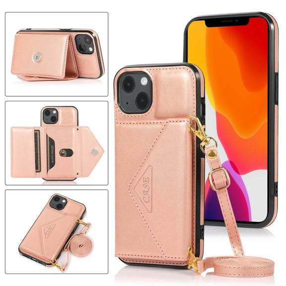 SaniMore for iPhone 15 Plus 6.7" 2023 Case with Back Folding Card Pocket Kickstand Detachable Adjustable Crossbody Shoulder Strap PU Leather Shockproof Slim Wallet Cover, Rosegold