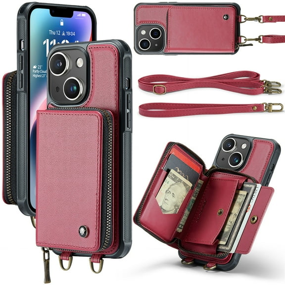 SaniMore for iPhone 15 Plus 6.7" 2023 Case, [Crossbody/Wrist Strap][Zipper Flip Wallet][Card Slots][Rifid Layer] PU Leather Retro 360° Protective Shockproof Cover for iPhone 15 Plus, Red