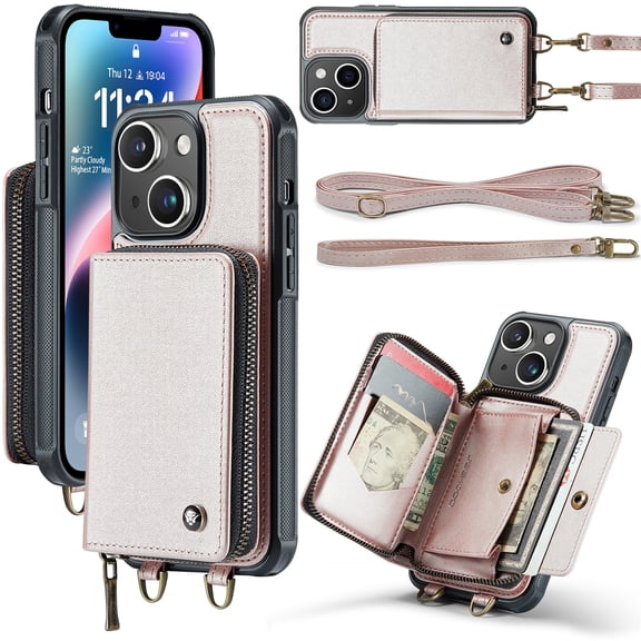 SaniMore for iPhone 15 Plus 6.7" 2023 Case, [Crossbody/Wrist Strap][Zipper Flip Wallet][Card Slots][Rifid Layer] PU Leather Retro 360° Protective Shockproof Cover for iPhone 15 Plus, Rosegold
