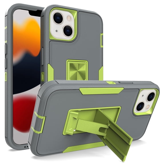 SaniMore for iPhone 15 Plus (6.7" 2023) Case, Hidden Bracket Magnetic Car Holder Dust Cover 3-layer Heavy Duty Protective Rugged Anti-fall Shock Absorption Cover for iPhone 15 Plus, Gray/Green
