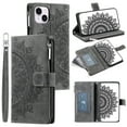 thumbnail image 1 of SaniMore for iPhone 15 Plus (6.7" 2023) Case, Luxury PU Leather Skin with Emboss Totem Detachable Crossbody Strap + Zipper Cash Pokcet Card Hloder Flip Kickstand Wallet Cover, Gray, 1 of 14
