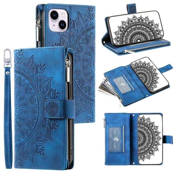 SaniMore for iPhone 15 Plus (6.7" 2023) Case, Luxury PU Leather Skin with Emboss Totem Detachable Crossbody Strap + Zipper Cash Pokcet Card Hloder Flip Kickstand Wallet Cover, Blue