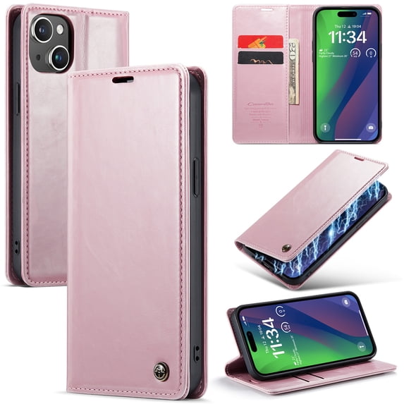SaniMore for iPhone 15 Plus (6.7" 2023) Case, PU Leather Auto-magnet Full Protection Flip Kickstand Card & Cash Slots, Retro Shockproof Anti-fall Wallet Business Shell, Pink