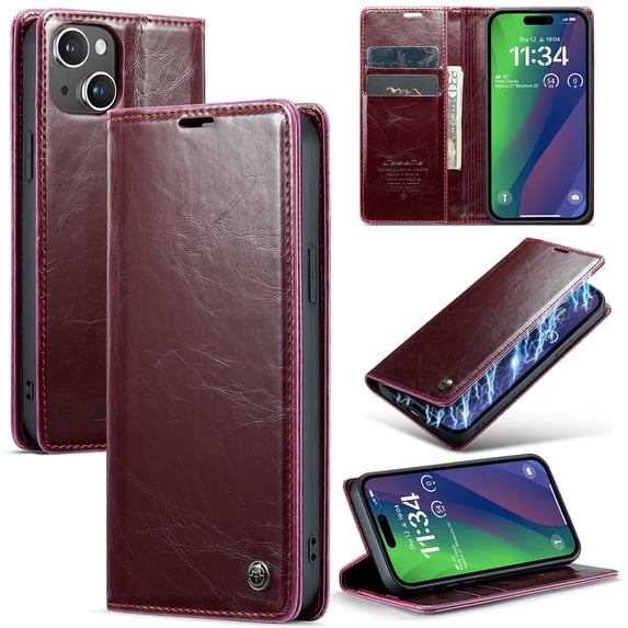 SaniMore for iPhone 15 Plus (6.7" 2023) Case, PU Leather Auto-magnet Full Protection Flip Kickstand Card & Cash Slots, Retro Shockproof Anti-fall Wallet Business Shell, Winered