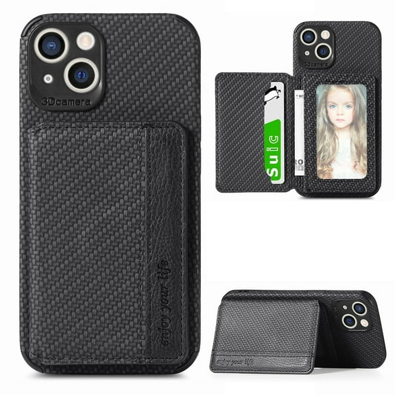 SaniMore for iPhone 15 Plus (6.7" 2023) Case, PU Leather Carbon Fibre Pattern, Flip Wallet Card Slots RFID Blocking Magnetic Car Mount Shockproof Anti-fall Protective Shell, Black