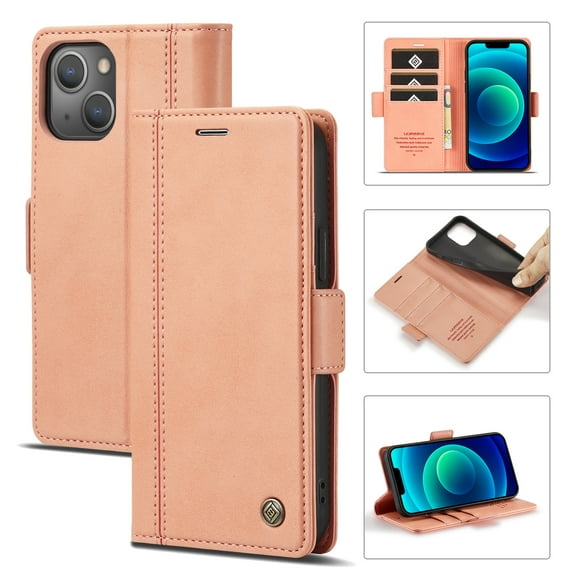SaniMore for iPhone 15 Plus 6.7" 2023 Case, PU Leather Magnetic Flip Folio Shell with Card Holders RFID Blocking Kickstand Shockproof TPU Case Magnetic Closure Business Cover, Rosegold