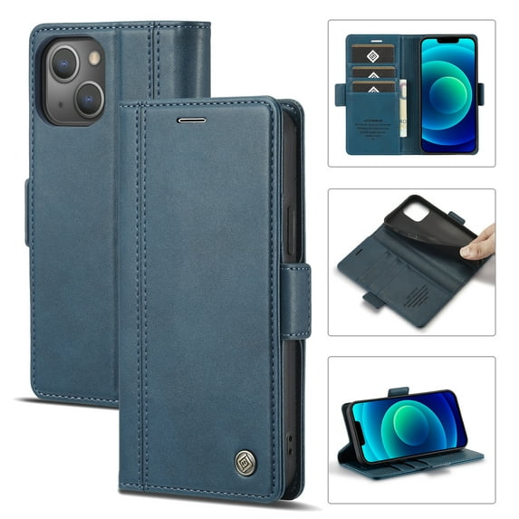 SaniMore for iPhone 15 Plus 6.7" 2023 Case, PU Leather Magnetic Flip Folio Shell with Card Holders RFID Blocking Kickstand Shockproof TPU Case Magnetic Closure Business Cover, Blue