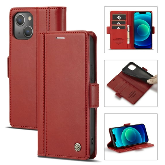 SaniMore for iPhone 15 Plus 6.7" 2023 Case, PU Leather Magnetic Flip Folio Shell with Card Holders RFID Blocking Kickstand Shockproof TPU Case Magnetic Closure Business Cover, Red