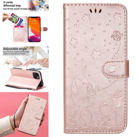 SaniMore for iPhone 15 Plus 6.7" 2023 Case, PU Leather Skin with Embossed Cat Flip Magnetic Cover Card Slots Kickstand Detachable Lanyard Full Around Wallet Cover for iPhone 15 Plus, Rosegold