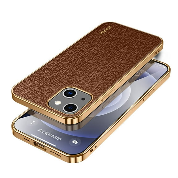 SaniMore for iPhone 15 Plus (6.7" 2023) Case, PU Leather Skin & Metal Bumper Shockproof PC Backplane, Wireless Charging Slim Magnetic Vintage Shell, Anti-drop Anti-scratch Cover, Brown