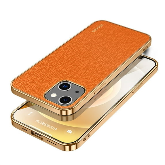 SaniMore for iPhone 15 Plus (6.7" 2023) Case, PU Leather Skin & Metal Bumper Shockproof PC Backplane, Wireless Charging Slim Magnetic Vintage Shell, Anti-drop Anti-scratch Cover, Orange