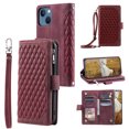 thumbnail image 1 of SaniMore for iPhone 15 Plus (6.7" 2023) Wallet Case with Wrist/Crossbody Lanyard, 3D Lattice PU Leather Flip Kickstand Zipper Purse & Card Slots Magnetic Clasp Shockproof TPU Shell Anti-drop -Winered, 1 of 13