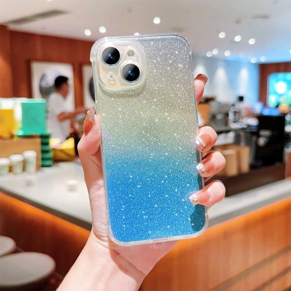 SaniMore for iPhone 15 Plus Case, Glitter Gradient Full Camera Lens Protection Luxury Plating Cute Bling Clear Shockproof Slim Phone Cover Shockproof Bumper for Women Girls for iPhone 15 Plus, Blue