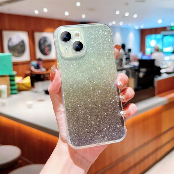 SaniMore for iPhone 15 Plus Case, Glitter Gradient Full Camera Lens Protection Luxury Plating Cute Bling Clear Shockproof Slim Phone Cover Shockproof Bumper for Women Girls for iPhone 15 Plus, Black