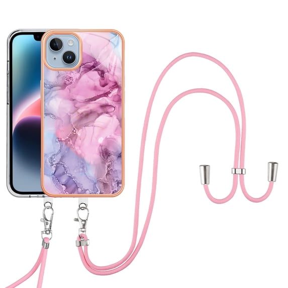 SaniMore for iPhone 15 Plus Case, Marble Pattern 3 in 1 Heavy Duty Shockproof Full Body Hard PC IMD Bumper Crossbody Lanyard Women Girls Shockproof Cover for iPhone 15 Plus, Pink