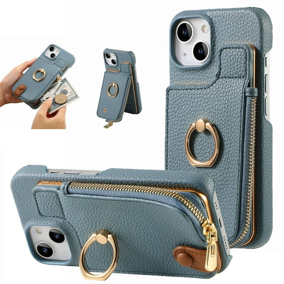 SaniMore for iPhone 15 Plus Case, PU Leather Zipper Purse RFID Blocking Card Slots Flip Kickstand Metal Finger Ring Magnetic Car Mount Shockproof Anti-fall Rugged Wallet Shell for Ladies Men, Blue