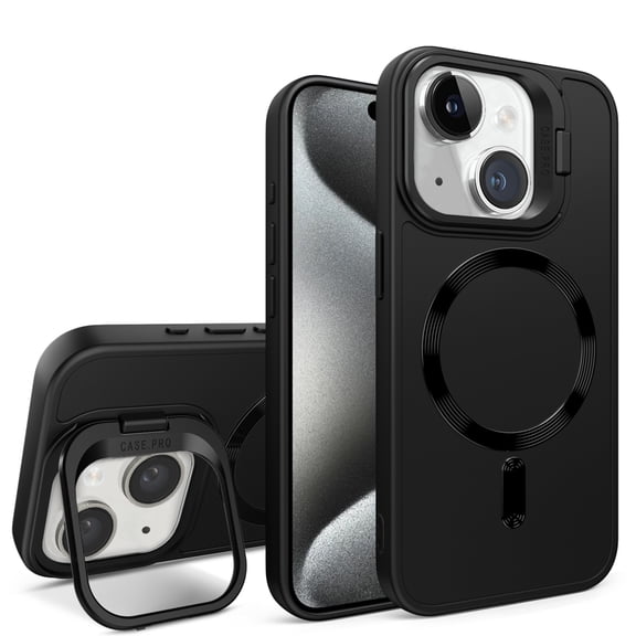 SaniMore for iPhone 15 Plus Case, Rugged Frosted PC Magafe Shell, Camera Lens Protection with Foldable Bracket, Wireless Charging Magnetic Car Mount Shockproof Anti-fall, Black