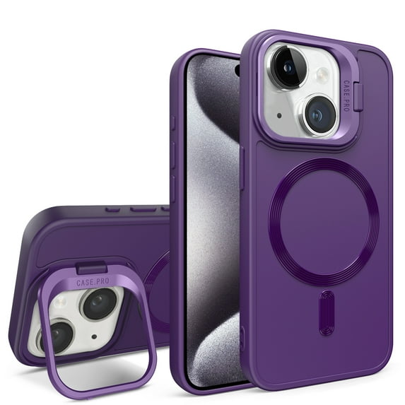 SaniMore for iPhone 15 Plus Case, Rugged Frosted PC Magafe Shell, Camera Lens Protection with Foldable Bracket, Wireless Charging Magnetic Car Mount Shockproof Anti-fall, Purple