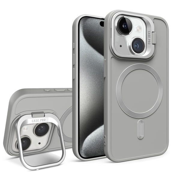 SaniMore for iPhone 15 Plus Case, Rugged Frosted PC Magafe Shell, Camera Lens Protection with Foldable Bracket, Wireless Charging Magnetic Car Mount Shockproof Anti-fall, Gray