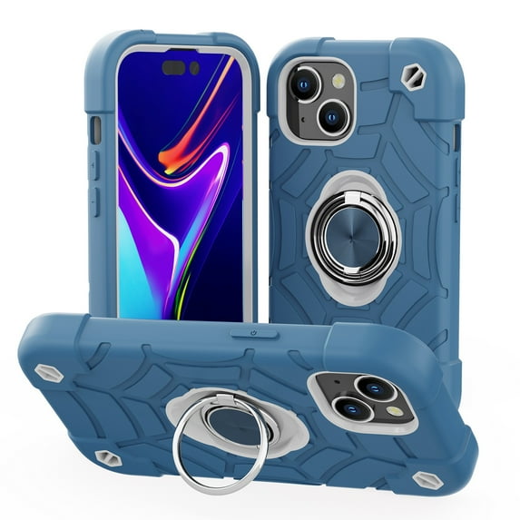 SaniMore for iPhone 15 Plus Case, Tri-layer Hybird PC TPU Heavy Duty Protective Cover with Tempered Glass Screen Protector (2PCS) + Rotating Ring Kickstand Drop Resistant Shockproof, Blue+White