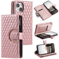thumbnail image 1 of SaniMore for iPhone 15 Plus PU Leather Case, 3D Lattice Pattern for Girls Card Slots Zipper Purse Glitter Magnetic Clasp Flip Kicstand [Hand Rope] Full Protection Shockproof, Rosegold, 1 of 16