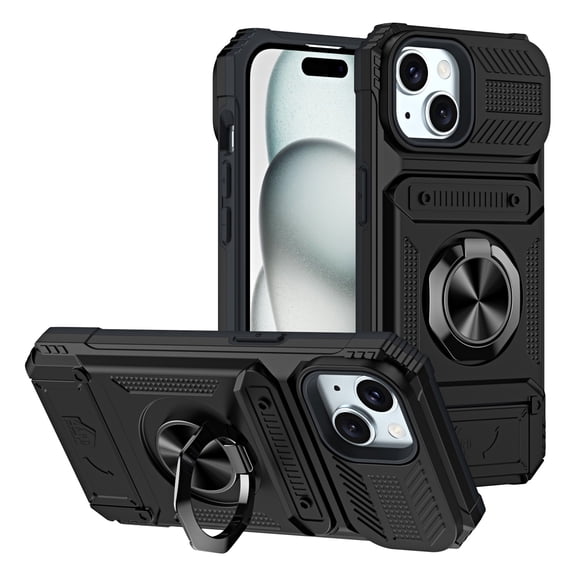 SaniMore for iPhone 15 Plus Stand Case, Armor Design Military-grade Drop Resistant Magnetic Car Mount Hidden Card Holder [Up to 2] Heavy Duty Protective Hybird Shockproof No-slip, Black