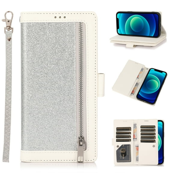 SaniMore for iPhone 15 Plus Wallet Case, Glitter PU Leather for Girls Women Zipper Purse Card Slots Cash Pocket Hand Rope Flip Kickstand Shockproof TPU Inner Magnetic Clasp Protective Shell, Silver