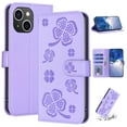thumbnail image 1 of SaniMore for iPhone 15 Plus Wallet Case, PU Leather Embossed Flower Adjustable Stand Card Slots Cash Pocket Business Shell Styllish Full Protective Shockproof Anti-drop TPU Inner Retro Design, Purple, 1 of 11