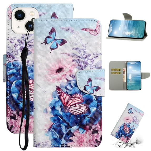 SaniMore for iPhone 15 Plus Wallet Case, Painted PU Leather for Women Men with Wrist Strap Magnetic Clasp Card Slots All-around Protective Shockproof Anti-fall Stylish Stand Shell, S-Purple Butterfly