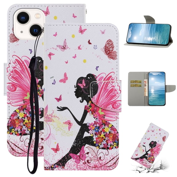 SaniMore for iPhone 15 Plus Wallet Case, Painted PU Leather for Women Men with Wrist Strap Magnetic Clasp Card Slots All-around Protective Shockproof Anti-fall Stylish Stand Shell, M-Girl