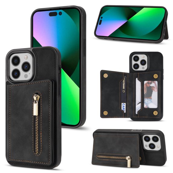 SaniMore for iPhone 15 Pro 6.1" 2023 Back Case with Zipper Card Pokcet Flip Wallet/Kickstand Shock Absorption Anti-fall Retro PU Leather Wear-resistant Shell for iPhone 15 Pro, Black