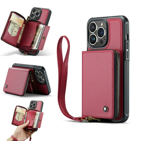 SaniMore for iPhone 15 Pro 6.1" 2023 Case, [Crossbody/Wrist Strap][Zipper Flip Wallet][Card Slots][Rifid Layer] PU Leather Retro 360° Protective Shockproof Cover for iPhone 15 Pro, Red