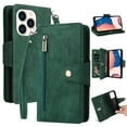 thumbnail image 1 of SaniMore for iPhone 15 Pro (6.1" 2023) Case, PU Leather 2 in 1 Zipper Wallet Removeable Wris Strap Card Slots Cash Pocket Kickstand Shockproof Anti-fall Full Protective Shell, Green, 1 of 9