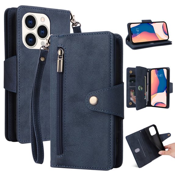 SaniMore for iPhone 15 Pro (6.1" 2023) Case, PU Leather 2 in 1 Zipper Wallet Removeable Wris Strap Card Slots Cash Pocket Kickstand Shockproof Anti-fall Full Protective Shell, Blue