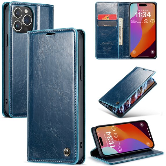 SaniMore for iPhone 15 Pro (6.1" 2023) Case, PU Leather Auto-magnet Full Protection Flip Kickstand Card & Cash Slots, Retro Shockproof Anti-fall Wallet Business Shell, Blue