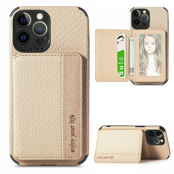 SaniMore for iPhone 15 Pro (6.1" 2023) Case, PU Leather Carbon Fibre Pattern, Flip Wallet Card Slots RFID Blocking Magnetic Car Mount Shockproof Anti-fall Protective Shell, Khaki