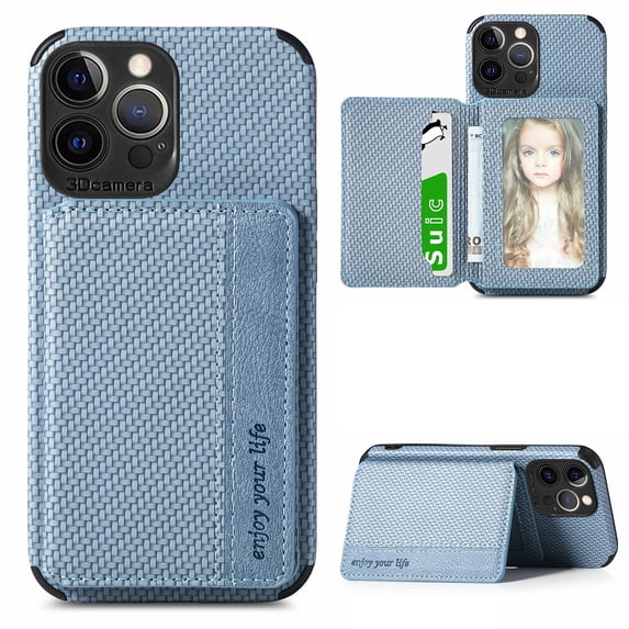 SaniMore for iPhone 15 Pro (6.1" 2023) Case, PU Leather Carbon Fibre Pattern, Flip Wallet Card Slots RFID Blocking Magnetic Car Mount Shockproof Anti-fall Protective Shell, Blue