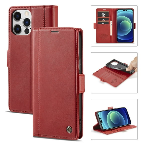 SaniMore for iPhone 15 Pro 6.1" 2023 Case, PU Leather Magnetic Flip Folio Shell with Card Holders RFID Blocking Kickstand Shockproof TPU Case Magnetic Closure Business Cover, Red