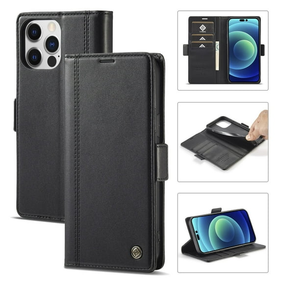 SaniMore for iPhone 15 Pro 6.1" 2023 Case, PU Leather Magnetic Flip Folio Shell with Card Holders RFID Blocking Kickstand Shockproof TPU Case Magnetic Closure Business Cover, Black